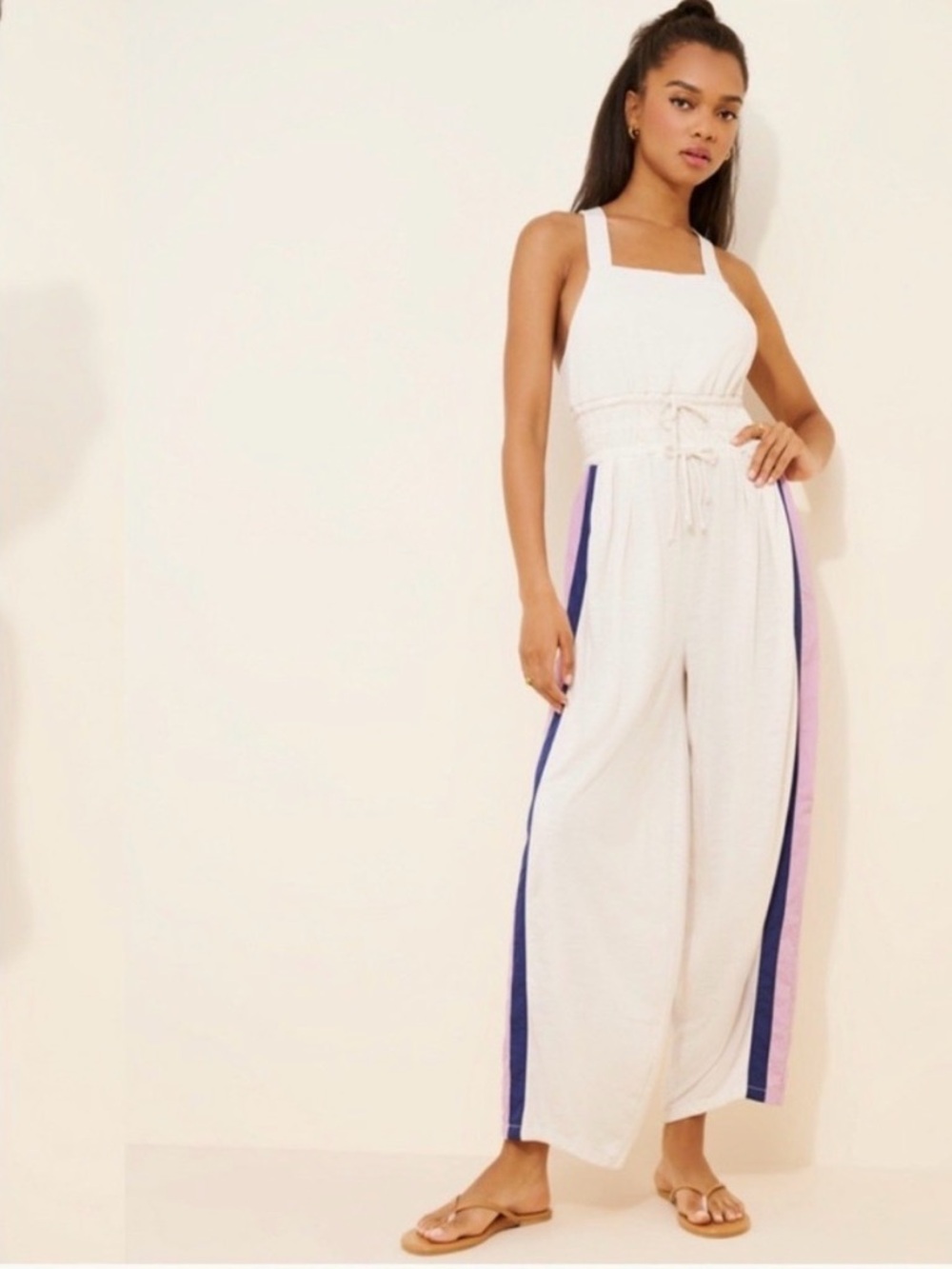 Daily Practice by Anthropologie Wide-Leg Cream Jumpsuit with side Stripes